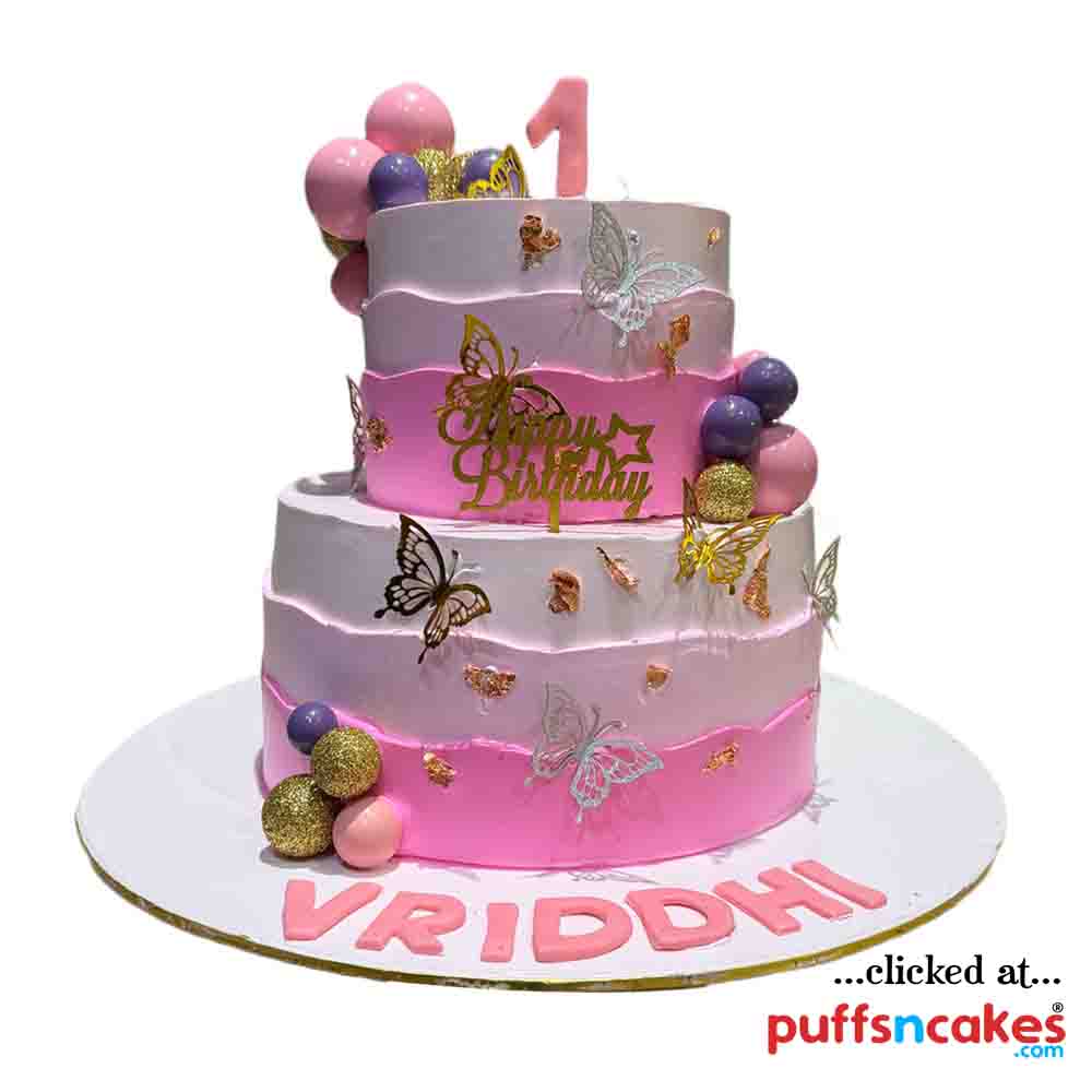 (2493) First Birthday Pink Butterfly Theme Cream Cake